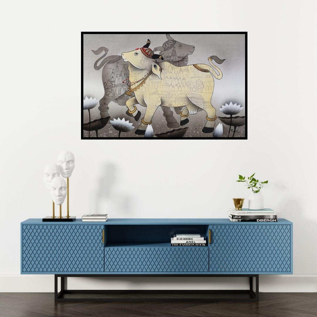 Preview of 'Tirth 2 (Sacred Cows and Temples)' Painting by Paras Parmar shown on a wall in a furnished room.