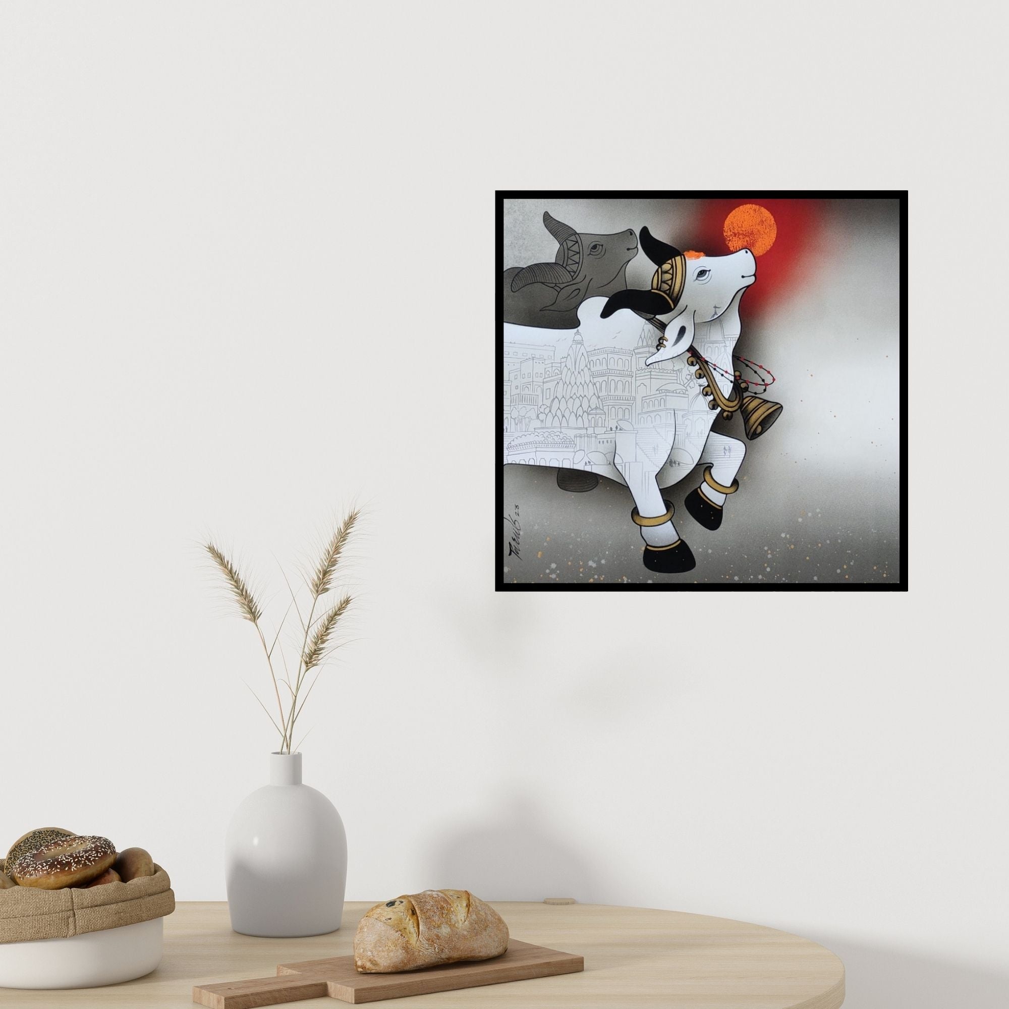 Preview of 'Tirth (Sacred Cow Towards the Sun)' Painting by Paras Parmar shown on a wall in a furnished room.
