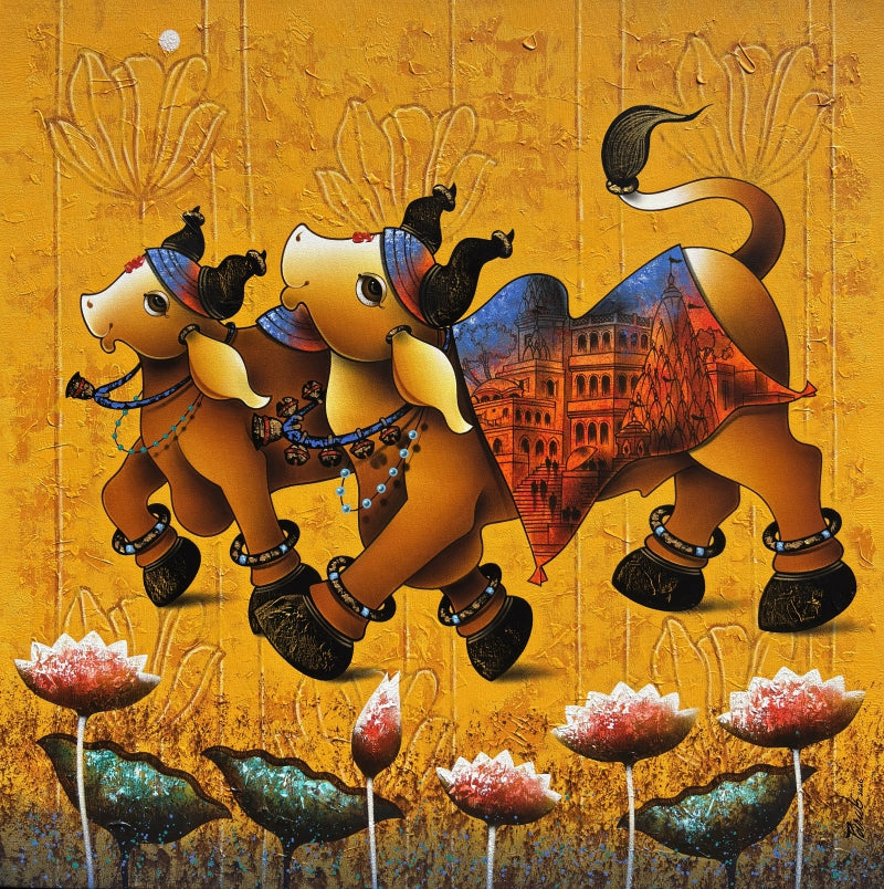 Tirth Swarup Nandi' religious acrylic-charcoal painting by artist Paras Parmar, 36x36 inch, on canvas