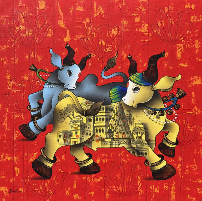Tirth Swarup Nandi' religious acrylic-charcoal painting by artist Paras Parmar, 36x36 inch, on canvas