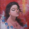 Figurative acrylic painting titled 'Title fantasizing', 20x16 inches, by artist Mousumi Pal Majumdar on canvas