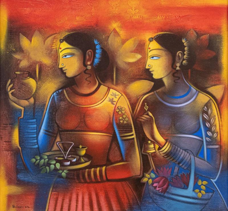 Figurative acrylic painting titled 'To The Temple', 38x38 inches, by artist Balaji Ubale on Canvas