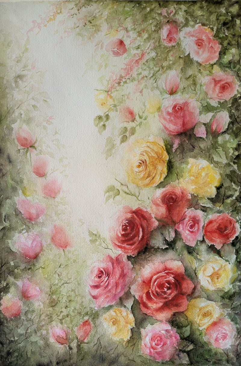 Together They Bloom With Joy' nature watercolor painting by artist Yamuna Bala, 22x15 inch, on paper