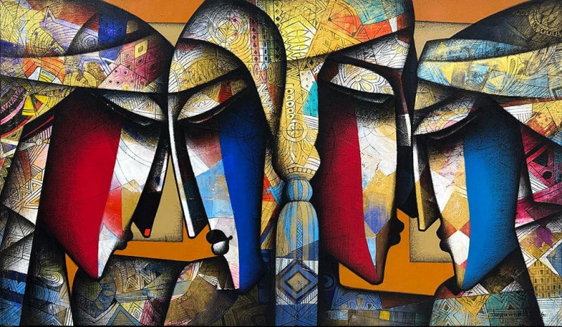 Togetherness 1' figurative acrylic-charcoal painting by artist Jagannath Paul, 36x60 inch, on canvas