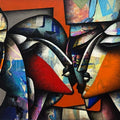 Togetherness 1' figurative acrylic-charcoal painting by artist Jagannath Paul, 30x54 inch, on canvas