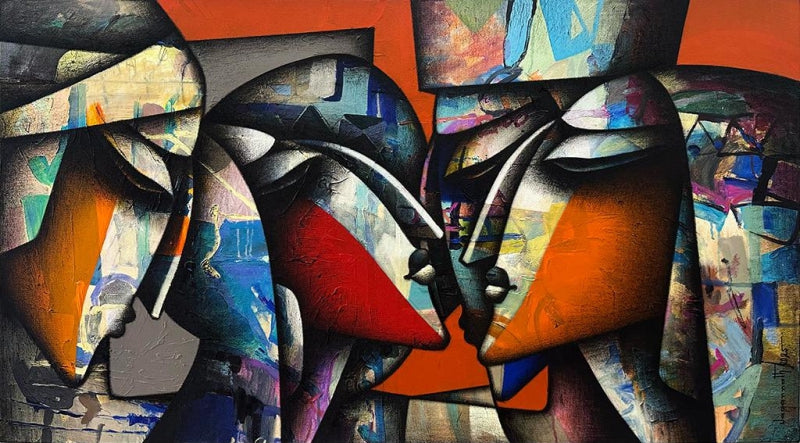 Togetherness 1' figurative acrylic-charcoal painting by artist Jagannath Paul, 30x54 inch, on canvas