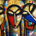 Togetherness 2' figurative acrylic-charcoal painting by artist Jagannath Paul, 36x72 inch, on canvas