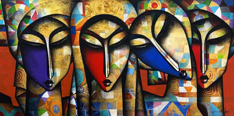 Togetherness 2' figurative acrylic-charcoal painting by artist Jagannath Paul, 36x72 inch, on canvas