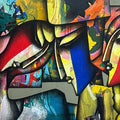 Togetherness 2' figurative acrylic-charcoal painting by artist Jagannath Paul, 48x84 inch, on canvas