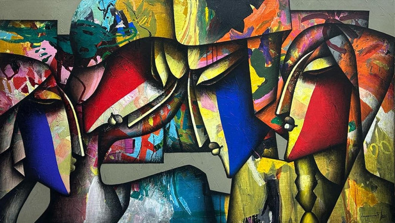 Togetherness 2' figurative acrylic-charcoal painting by artist Jagannath Paul, 48x84 inch, on canvas