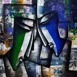 Figurative acrylic charcoal painting titled 'Togetherness 3', 48x48 inches, by artist Jagannath Paul on Canvas