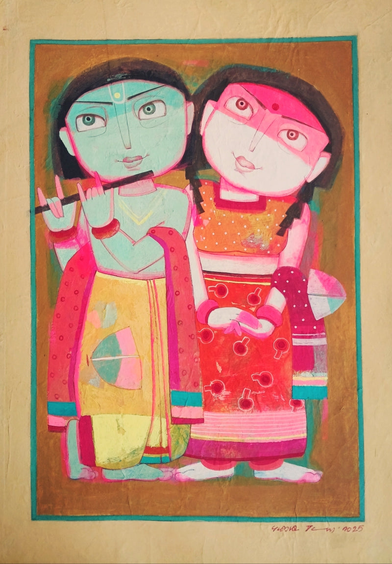 'Togetherness' religious tempera painting by artist Subir Dey, 22x15 inch, on nepali handmade