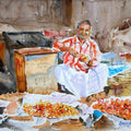 Figurative watercolor painting titled 'Tomato Seller', 11x15 inches, by artist Ramesh Jhawar on Paper