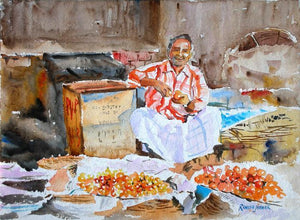 Tomato Seller by Ramesh Jhawar, Original Watercolor Figurative Painting on Paper, Small Horizontal Wall Art