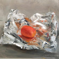 Still-life oil painting titled 'Tomato With Aluminium Foil', 9x11 inches, by artist SURABHI GULWELKAR on Board