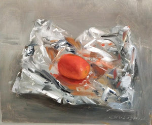 Tomato With Aluminium Foil (Wrapped Treasure) by Surabhi Gulwelkar, Original Oil Still-Life Painting on Board, X-Small Horizontal Wall Art