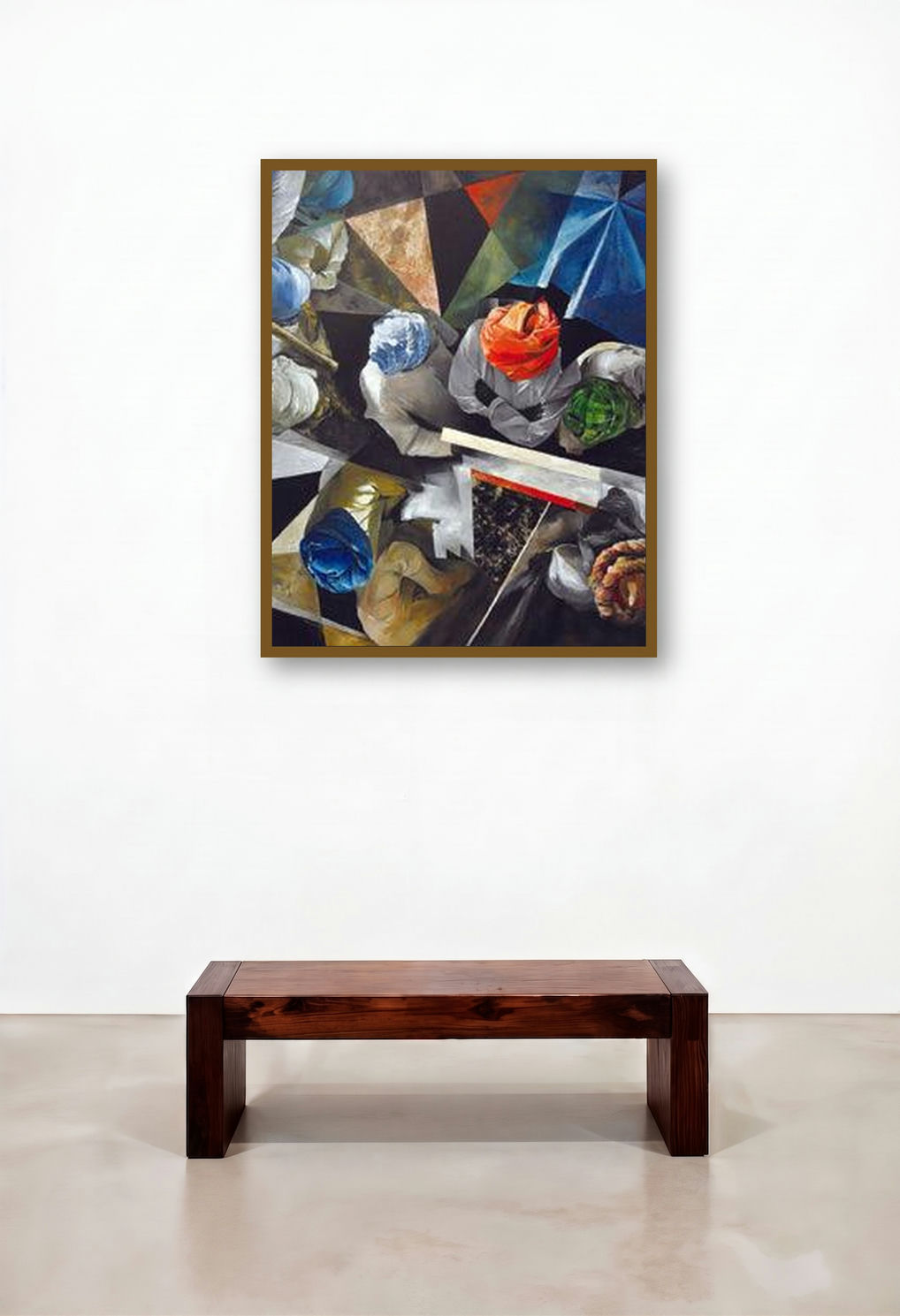 Top Veiw 2 (Symphony of Turbans) by artist Ajit Deswandikar displayed in a Contemporary Hotel Suite