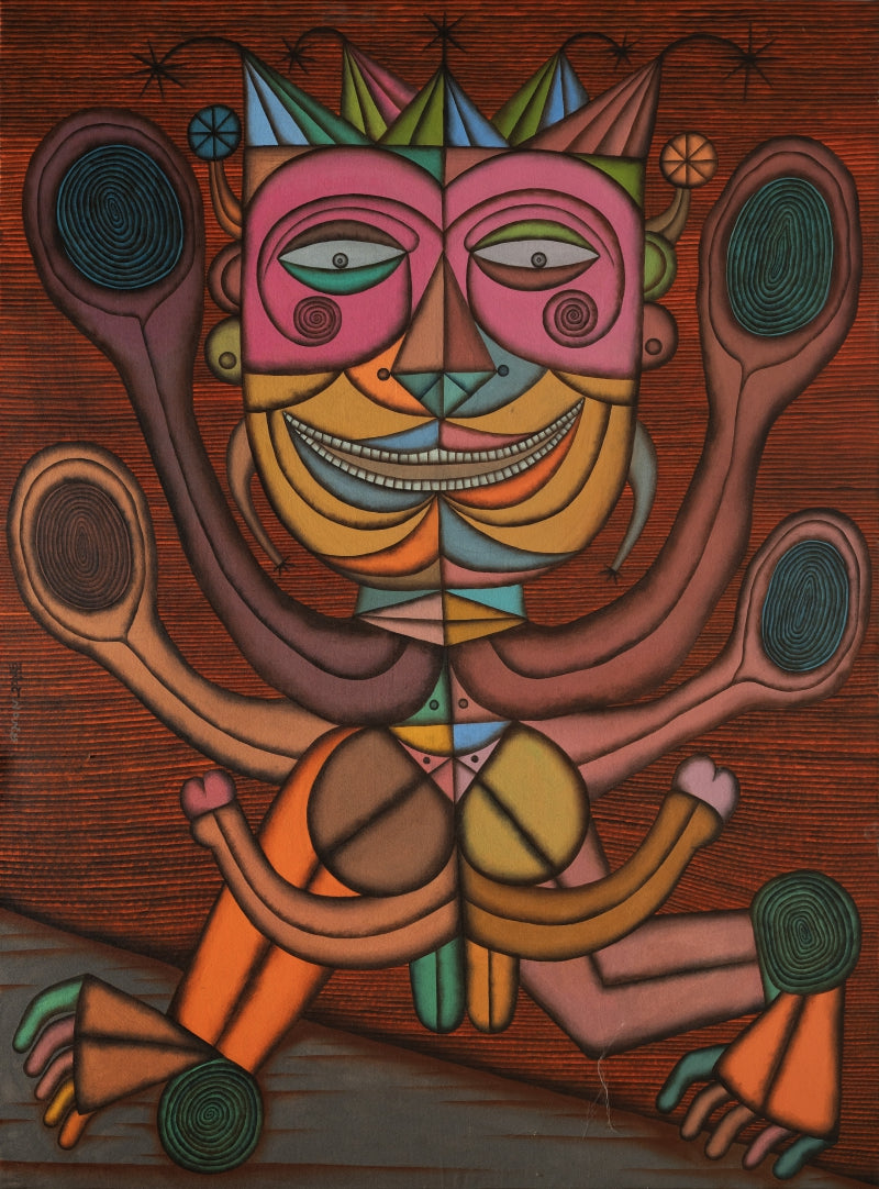 'The Totem' contemporary acrylic painting by artist Arunangshu Roy, 48x36 inch, on canvas
