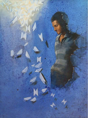 Towards Brightness by Nitin Marde, Original Acrylic Oil Figurative Painting on Canvas, Large Vertical Wall Art