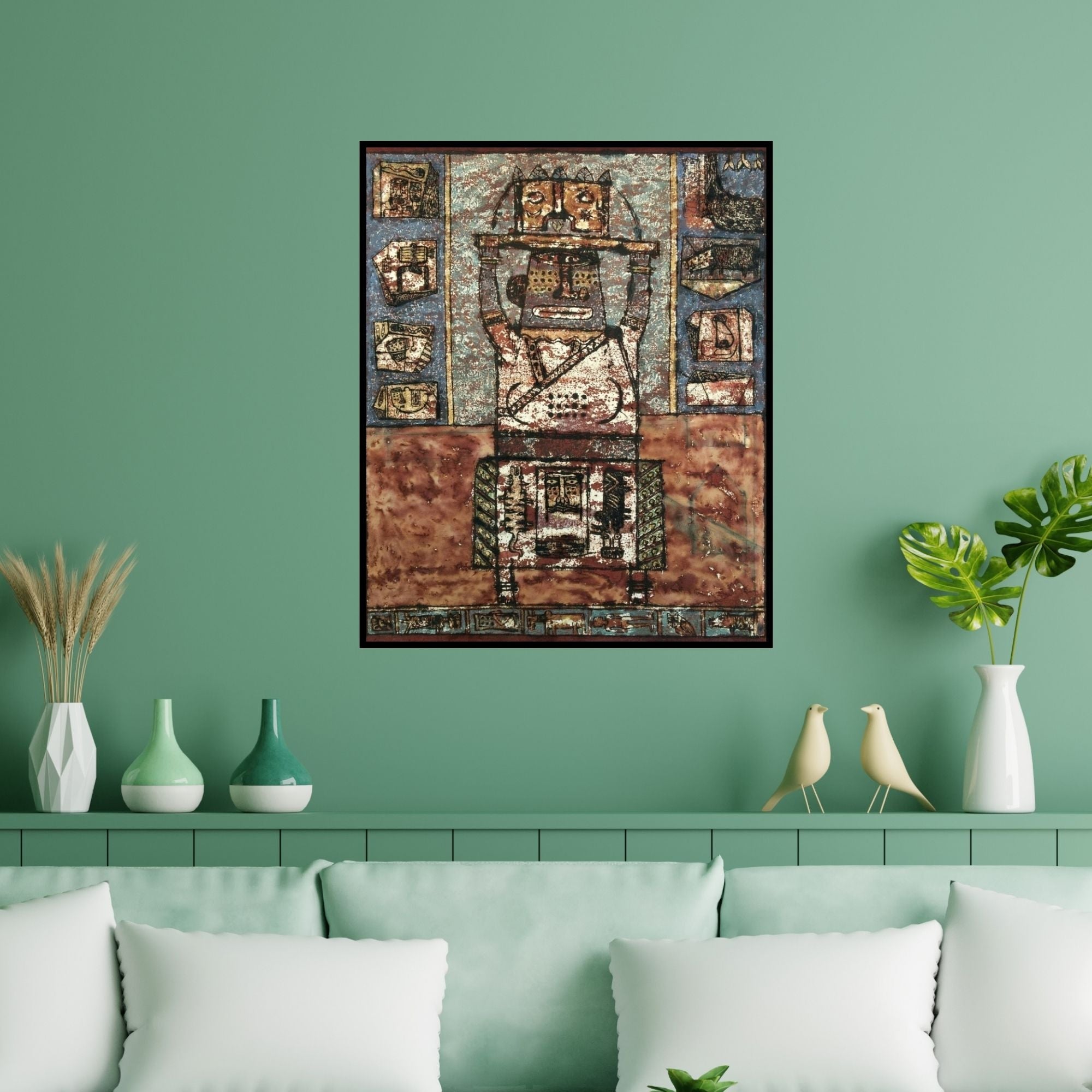 Preview of 'Towards The Culture 2 (Figure Carrying Culture)' Painting by Sagar Kamble shown on a wall in a furnished room.