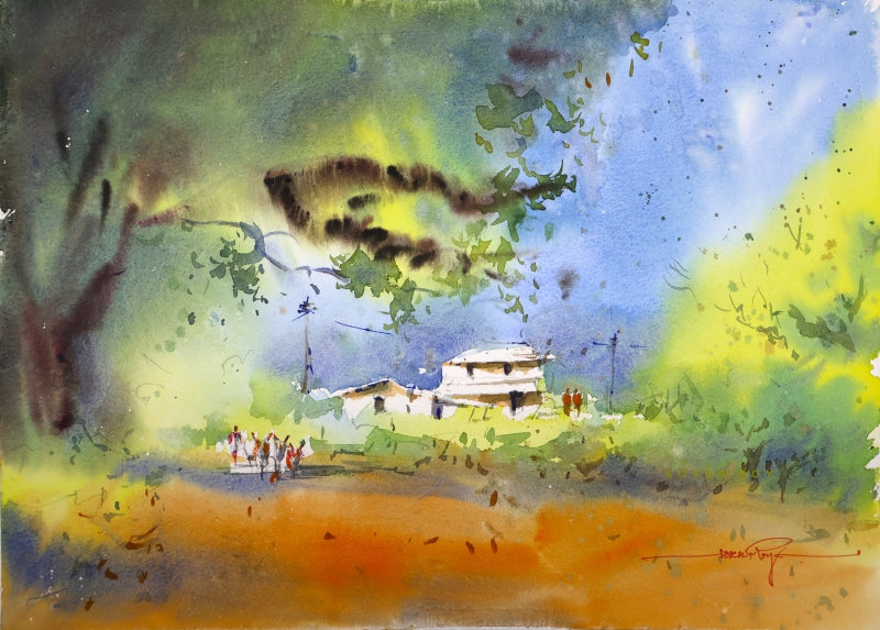 Towards Green Pastures' landscape watercolor painting by artist Soven Roy, 10x14 inch, on paper
