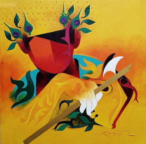 Towards Happiness 4 (Golden Musician) by Ranjit Singh Kurmi, Original Acrylic Contemporary Painting on Canvas, Small Square Wall Art