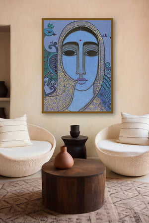 Towards Tradition (Azure Majesty: A Portrait in Blue Hues) by artist Mamta Mondkar displayed in a Boutique gallery