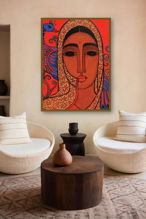 Towards Tradition Ii (Crimson Majesty: A Woman and Her Peacock) by artist Mamta Mondkar displayed in a Curated gallery