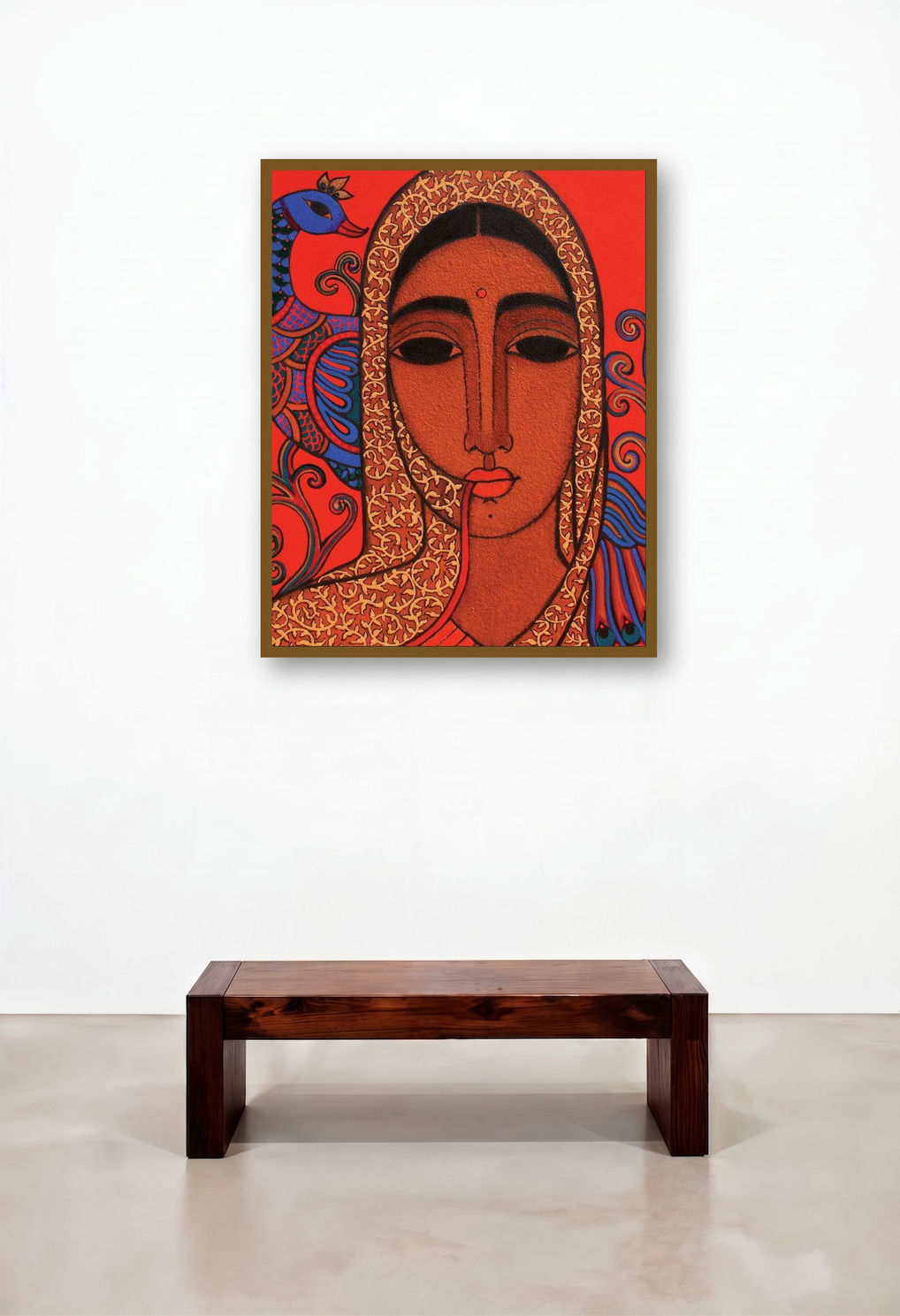 Towards Tradition Ii (Crimson Majesty: A Woman and Her Peacock) by artist Mamta Mondkar displayed in a Contemporary Executive Office
