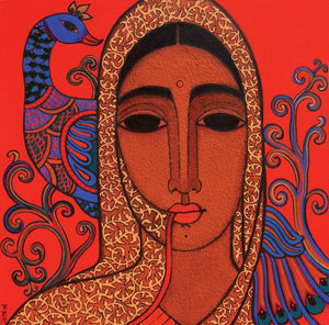 Towards Tradition Ii (Crimson Majesty: A Woman and Her Peacock) by Mamta Mondkar, Original Acrylic Figurative Painting on Canvas, Small Square Wall Art