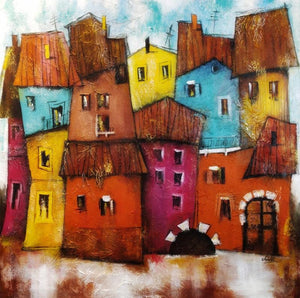 Townhouse (A Vibrant Village) by Ankita Dey Bhoumik, Original Acrylic Landscape Painting on Canvas, Medium Square Wall Art