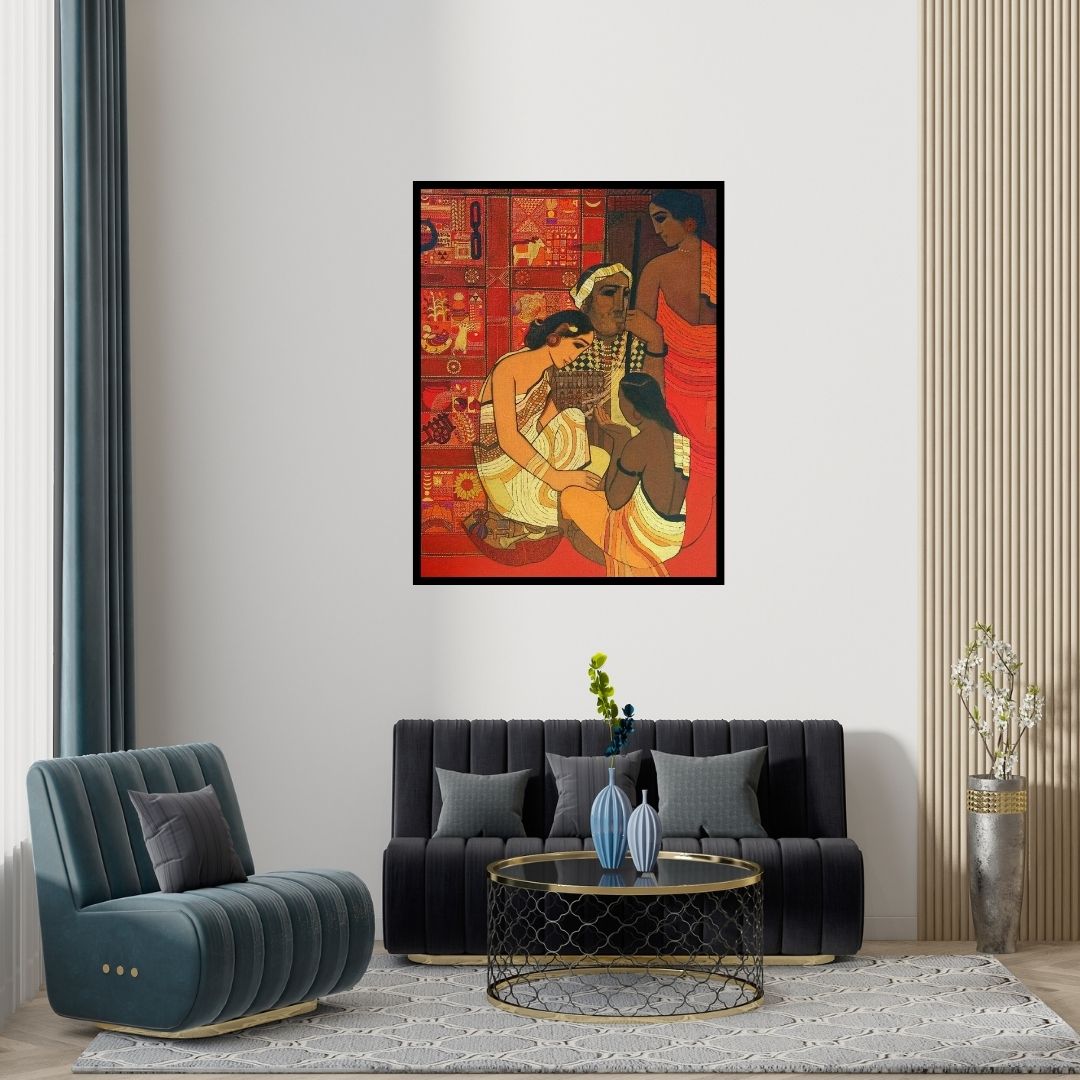 Preview of 'Toy Seller' Painting by Siddharth Shingade shown on a wall in a furnished room.
