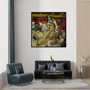 Preview of 'Toy Seller' Painting by Apet Pramod shown on a wall in a furnished room.