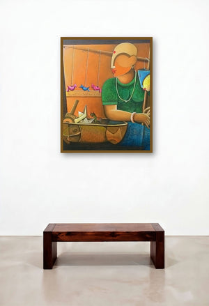 Toyseller 2 (Bazaar Dreams) by artist Anupam Pal displayed in a Mid-Century Modern Penthouse