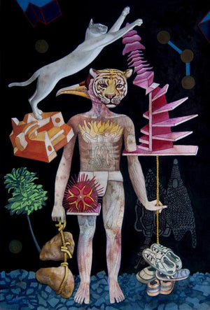 Trail Of Reason (A Tapestry of Existence) by Joydip Sengupta, Original Mixed Media Contemporary Painting on Paper, Small Vertical Wall Art
