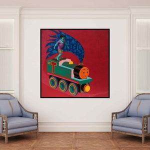 In-situ view of Jitendra Saini's 'The Train' painting in a room