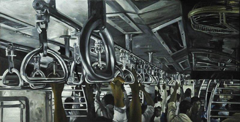 Figurative oil painting titled 'Train Camp2', 23x45 inches, by artist Ajit  Deswandikar on Canvas