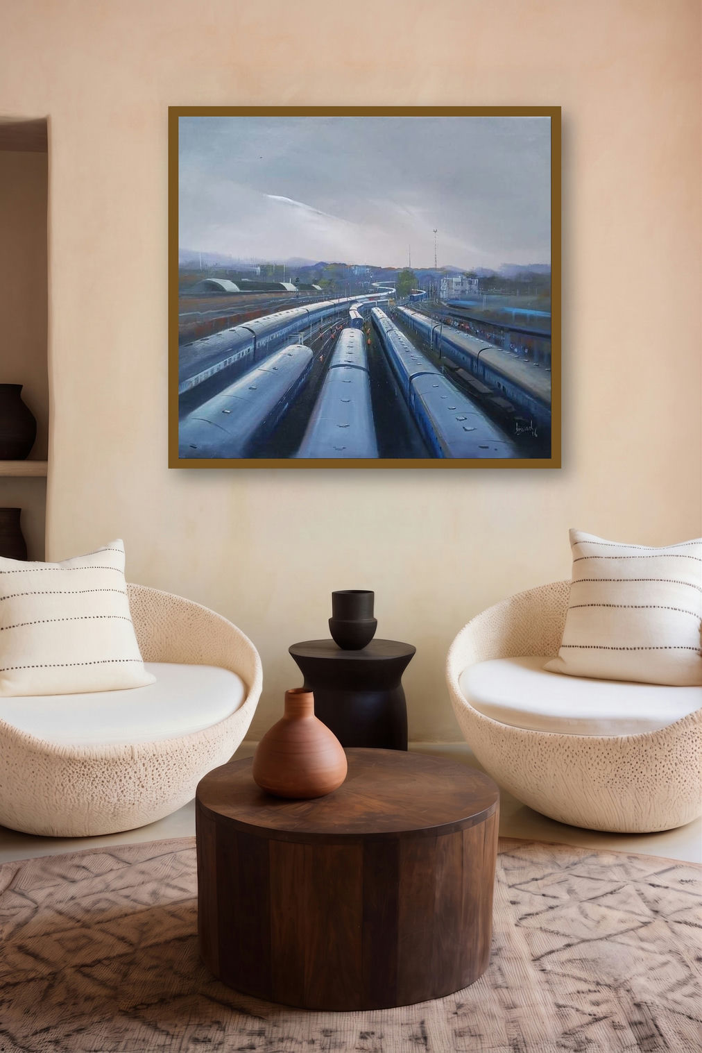 Train Trail (Train Tracks) by artist Bijay Biswaal displayed in a Luxury gallery