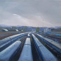 Cityscape acrylic painting titled 'Train Trail', 24x30 inches, by artist Bijay Biswaal on Paper