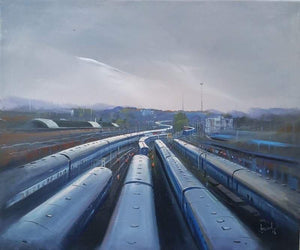 Train Trail (Train Tracks) by Bijay Biswaal, Original Acrylic Cityscape Painting on Paper, Medium Horizontal Wall Art