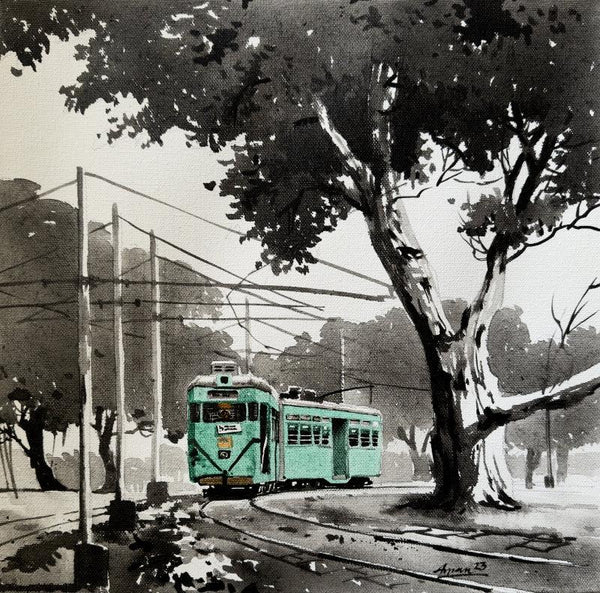 Tram In Calcutta Street painting by Arpan Bhowmik
