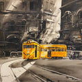 Cityscape acrylic painting titled 'Tram In Calcutta Street 4', 30x40 inch, by artist Arpan Bhowmik on Canvas