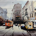 Cityscape acrylic painting titled 'Tram In Calcutta Street 2', 30x40 inches, by artist Arpan Bhowmik on Canvas