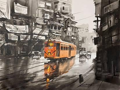 Tram In Calcutta Street Painting by Arpan Bhowmik | ArtZolo.com