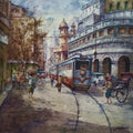 Cityscape watercolor painting titled 'Tram In Kolkata 6', 22x22 inch, by artist Shubhashis Mandal on Handmade Paper