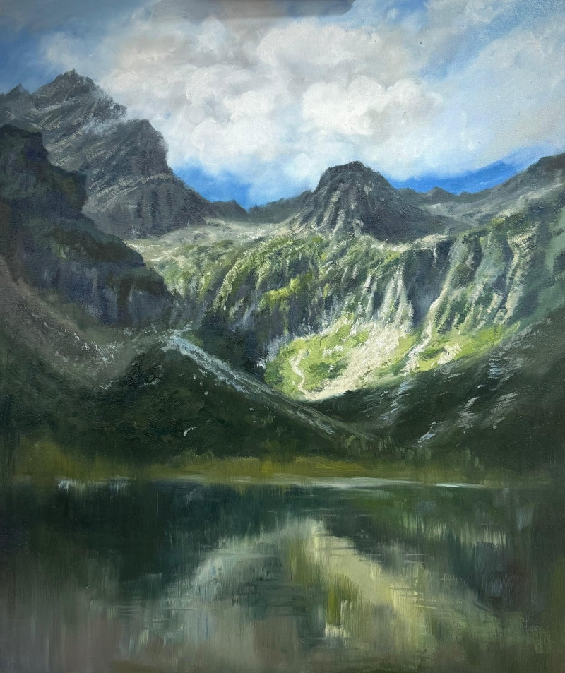 'Tranquil Hillside Reflections' nature oil painting by artist Achintya Hazra, 36x30 inch, on canvas