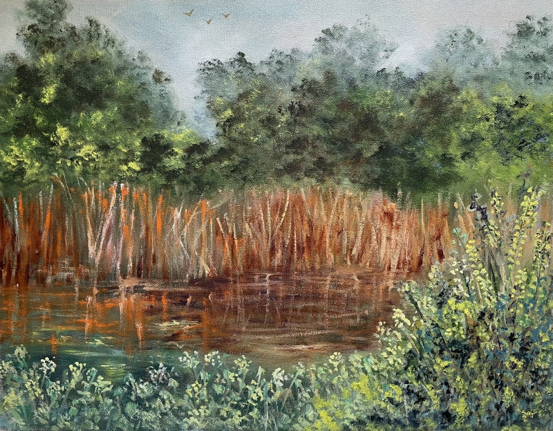 Tranquil Marshland Scene' nature oil painting by artist Umesh Pandey, 14x18 inch, on canvas