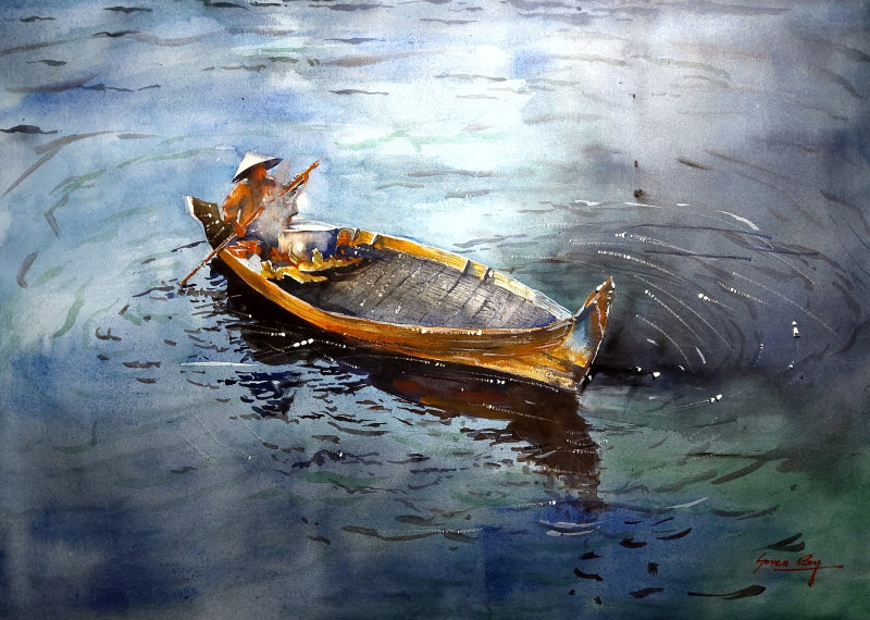 Tranquil Turquoise' figurative watercolor painting by artist Soven Roy, 22x30 inch, on paper