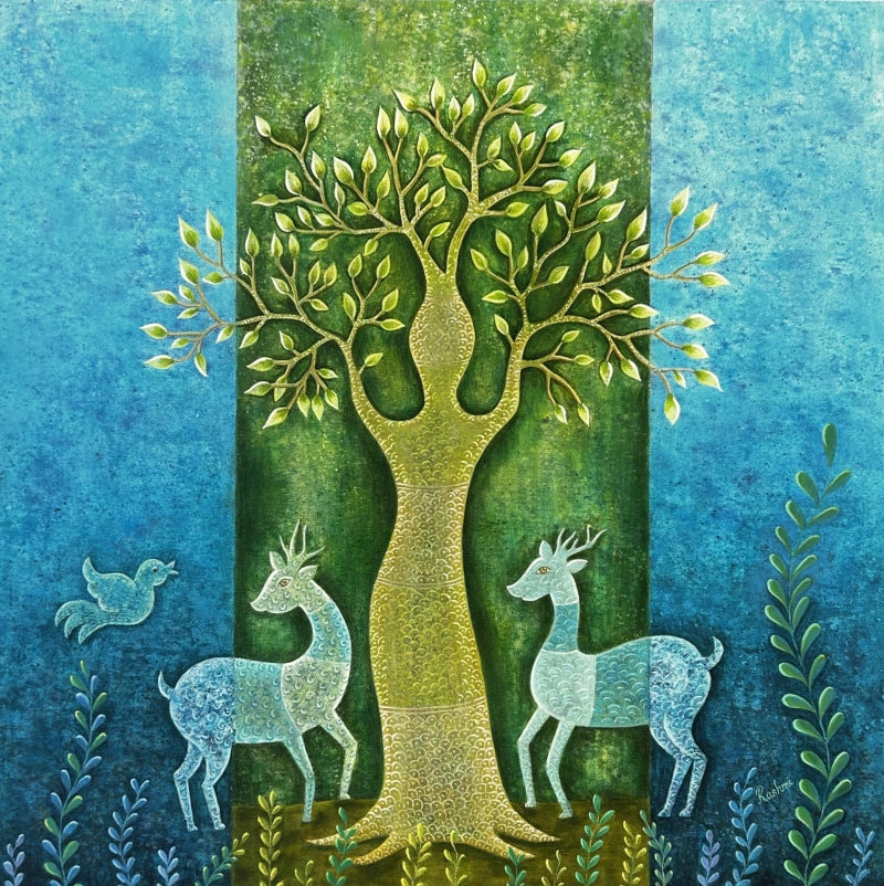 'Tranquility' animals acrylic painting by artist Rashmi Shivhare, 31x31 inch, on canvas