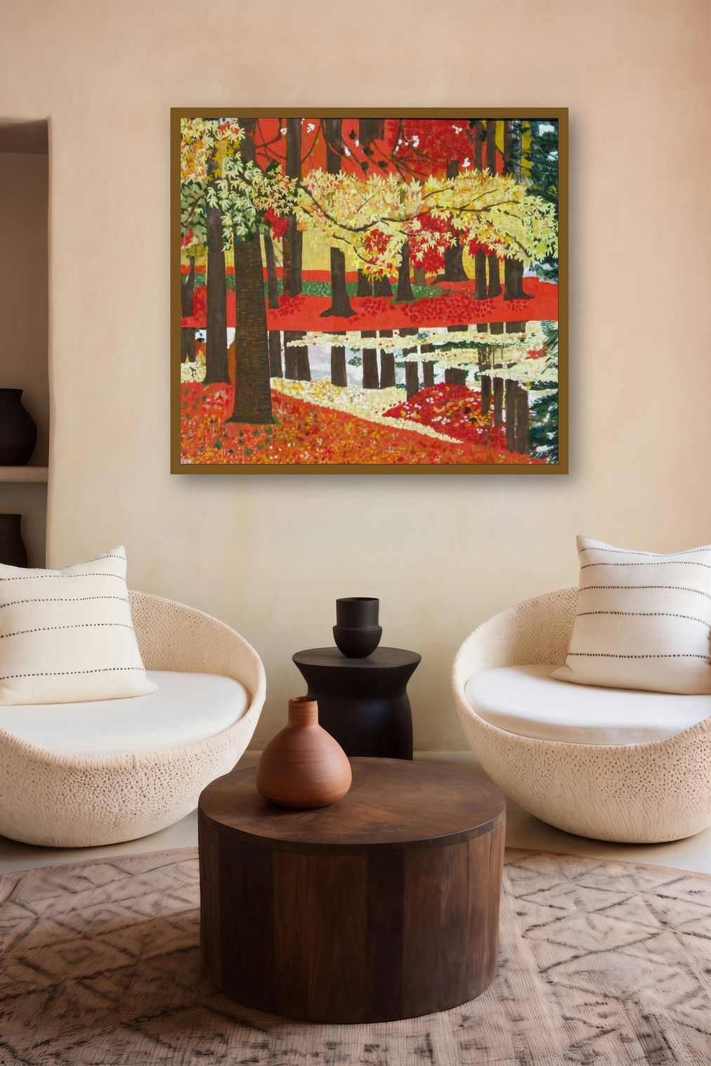 Tranquility (Autumn Forest) by artist Madhu Jain displayed in a Curated gallery